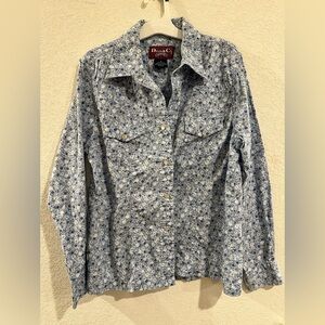 Denim & Co Womens Western Shirt Pearl Snap Blue Floral Print Long Sleeve Size M